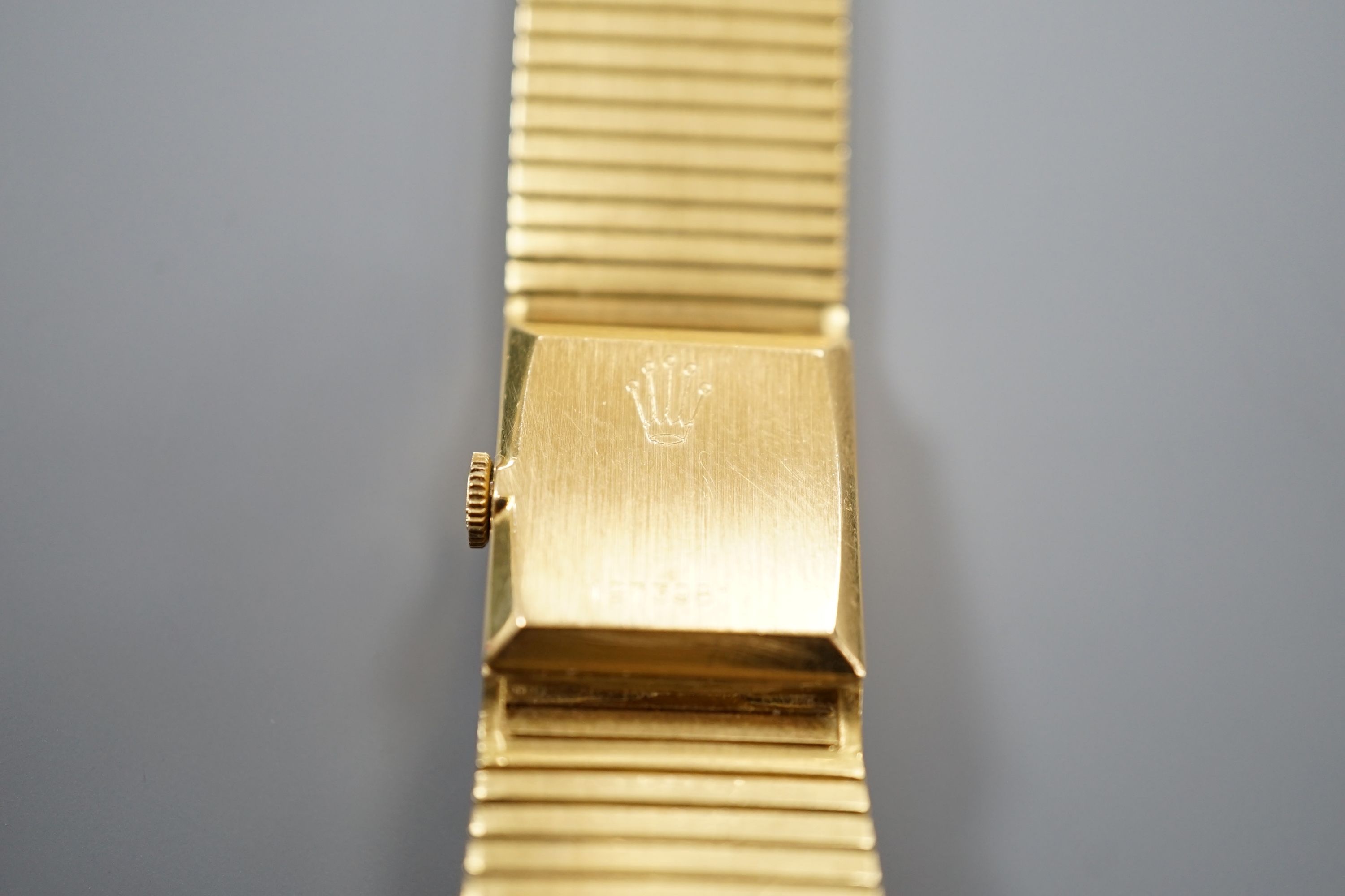 A lady's 1960's textured 18ct gold Rolex Precision manual wind bracelet watch, case diameter 17mm, gross weight 70.3 grams, with Rolex box, no papers.